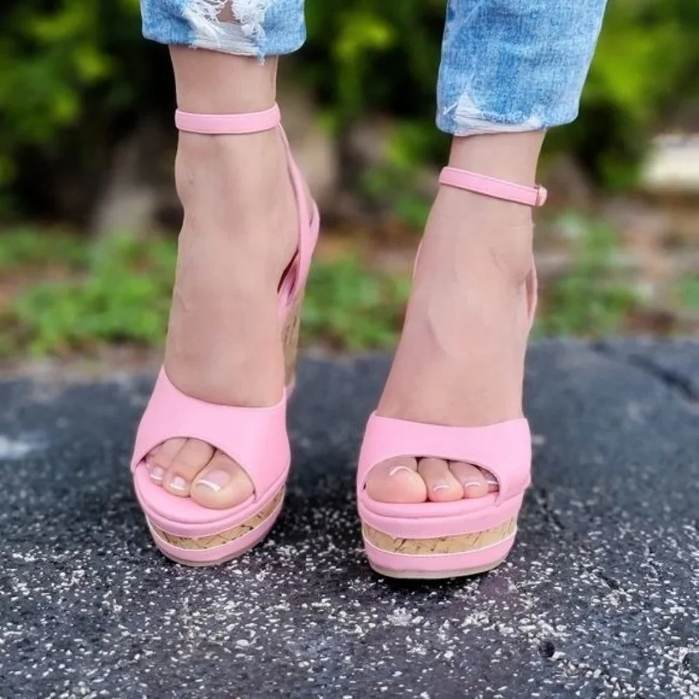 Women Platform Wedge Sandals Ankle Strap Pink Color - Picture 3 of 5